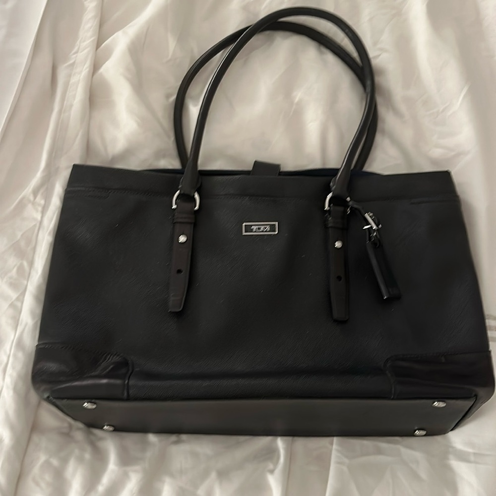Black leather tumi laptop tote
